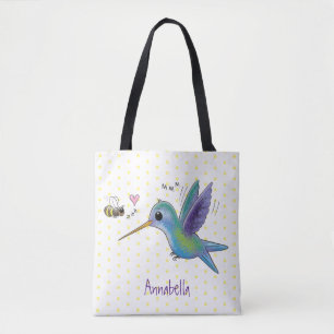 Cute bee hummingbird cartoon illustration tote bag