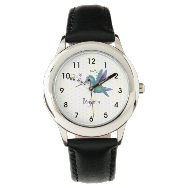 Cute bee hummingbird cartoon illustration watch (Front)