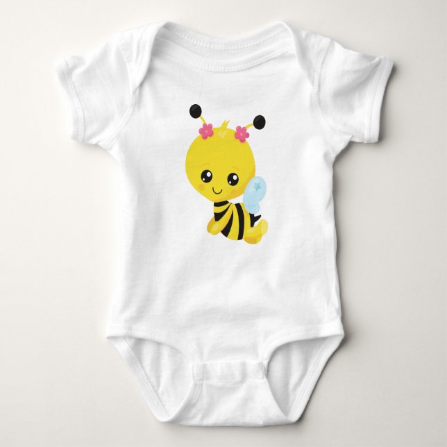 Cute Bee, Little Bee, Honey Bee, Flowers Baby Bodysuit (Front)