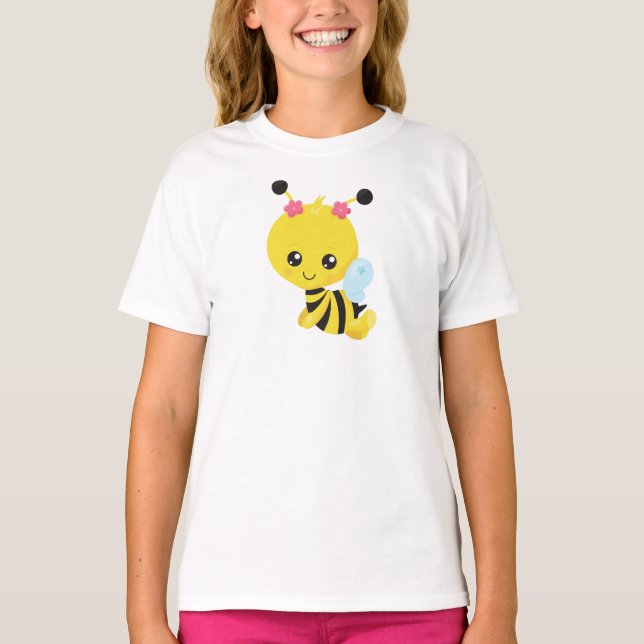 Cute Bee, Little Bee, Honey Bee, Flowers T-Shirt (Front)