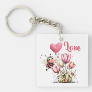 Cute Bee Love Heart Balloon Spring Flowers Key Ring
