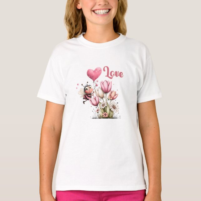 Cute Bee Love Heart Balloon Spring Flowers T-Shirt (Front)