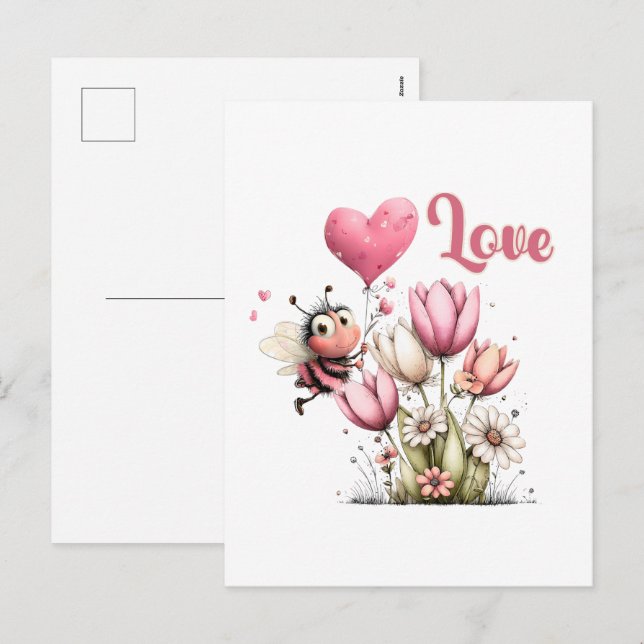 Cute Bee Love Heart & Floral  Holiday Postcard (Front/Back)