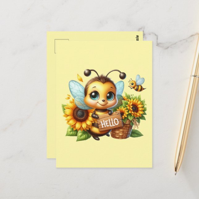 Cute bee lovers hello postcard (Front/Back In Situ)