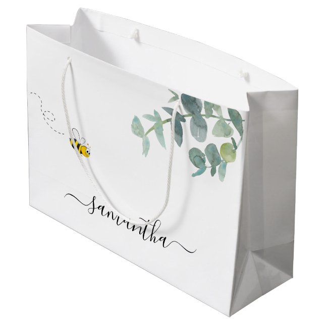 Cute bee monogram eucalyptus greenery white large gift bag (Back Angled)