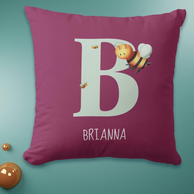 Cute Bee Monogram Letter B Cushion (Cute Monogram Bee Baby Girl Nursery Throw Pillow)