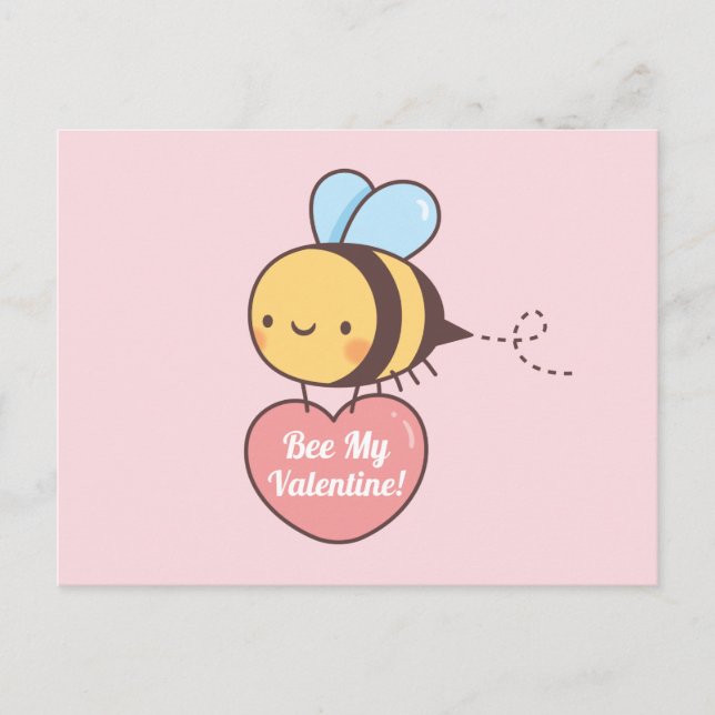 Cute Bee My Valentine Pun Doodle Postcard (Front)