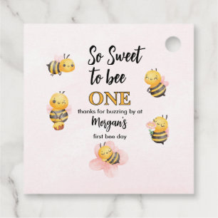 Cute Bee One Pink Black First Birthday Party Favour Tags