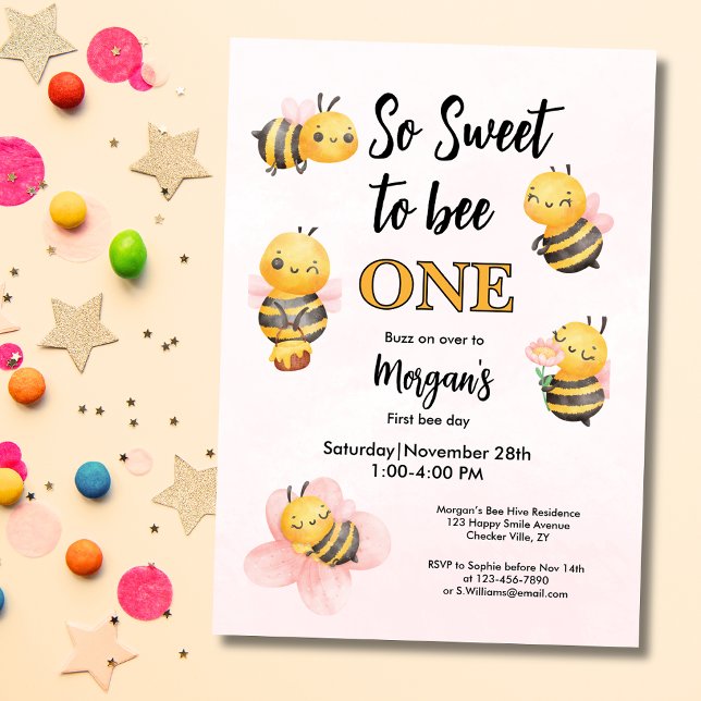 Cute Bee One Pink Black First Birthday Party Invitation (Creator Uploaded)