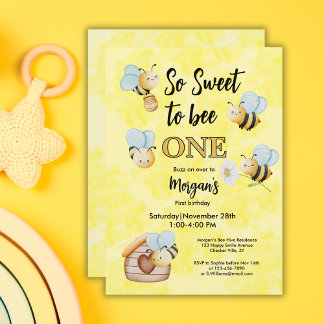 Cute Bee One Yellow Black First Birthday Party Invitation
