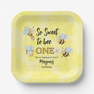 Cute Bee One Yellow Black First Birthday Party Paper Plate