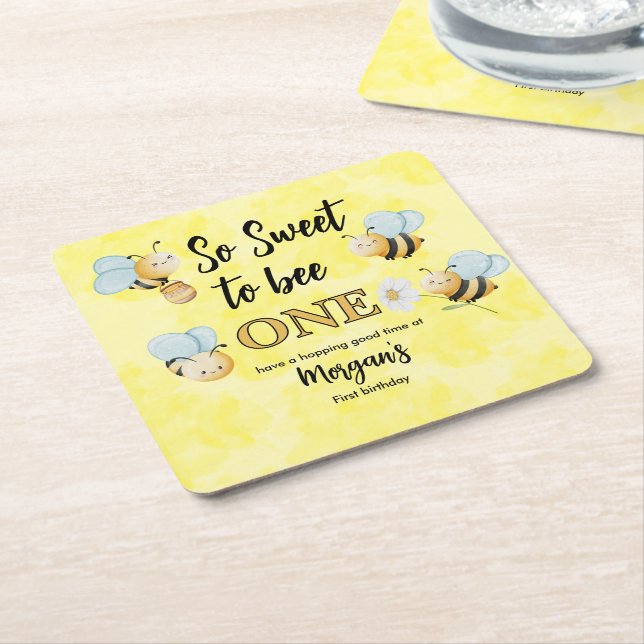 Cute Bee One Yellow Black First Birthday Party Square Paper Coaster (Angled)