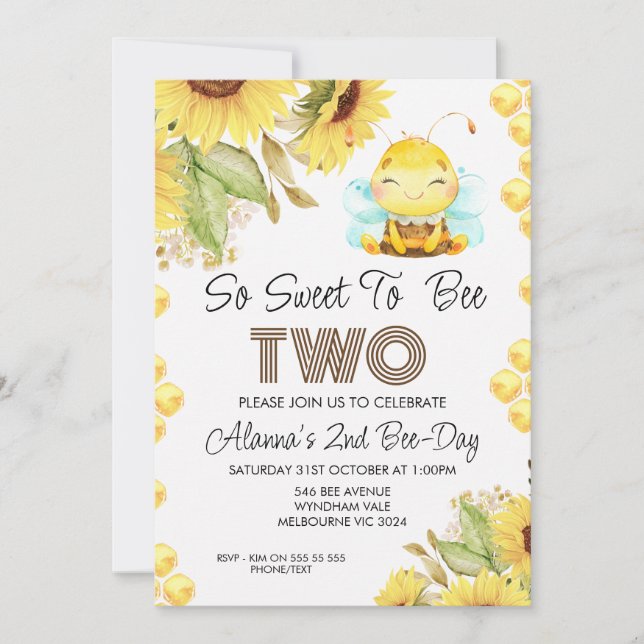 Cute Bee Sunflowers 2nd Birthday Invitation (Front)