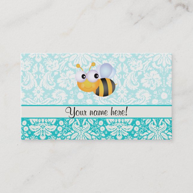 Cute Bee; Teal Damask Pattern Business Card (Front)