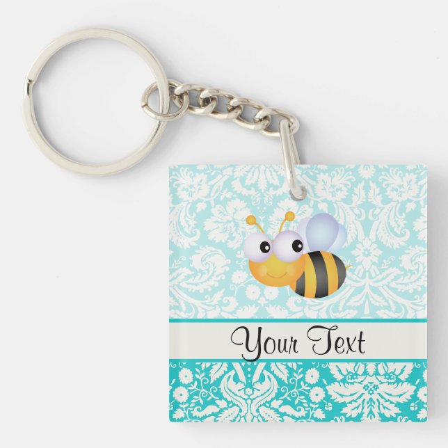 Cute Bee; Teal Damask Pattern Key Ring (Front)