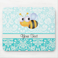 Cute Bee; Teal Damask Pattern