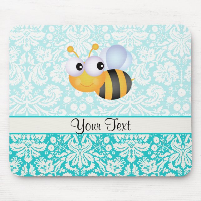 Cute Bee; Teal Damask Pattern Mouse Pad (Front)