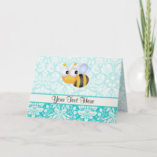 Cute Bee; Teal Damask Pattern Note Card