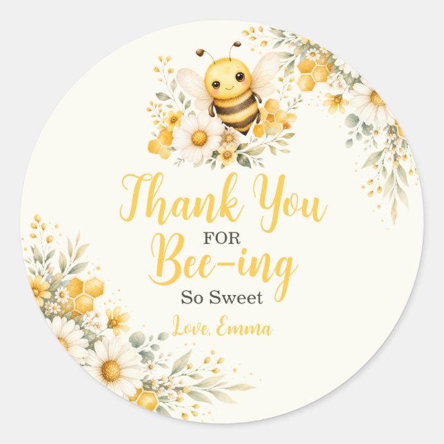 Cute Bee Thank You Classic Round Sticker (Front)