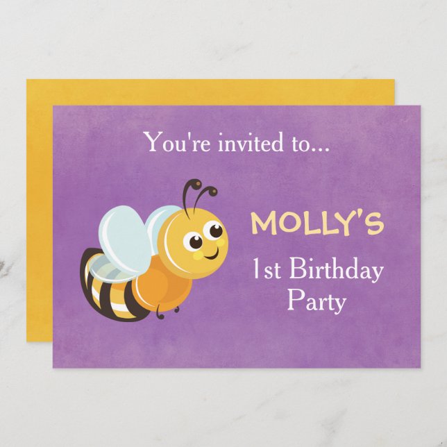 Cute Bee Theme 1st Birthday Party Invitation Card (Front/Back)