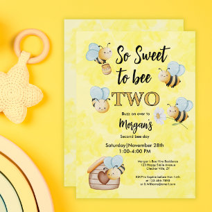 Cute Bee Two Yellow Black Second Birthday Party Invitation