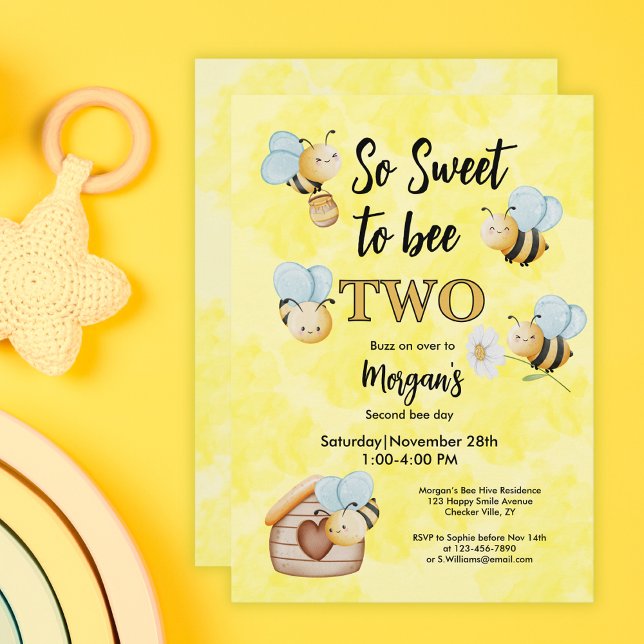 Cute Bee Two Yellow Black Second Birthday Party Invitation (Creator Uploaded)