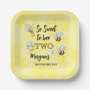 Cute Bee Two Yellow Black Second Birthday Party Paper Plate