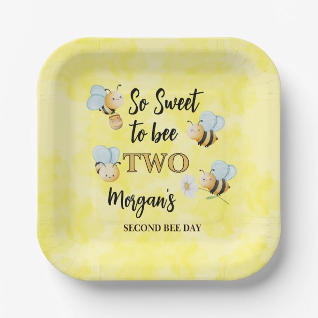 Cute Bee Two Yellow Black Second Birthday Party Paper Plate (Front)