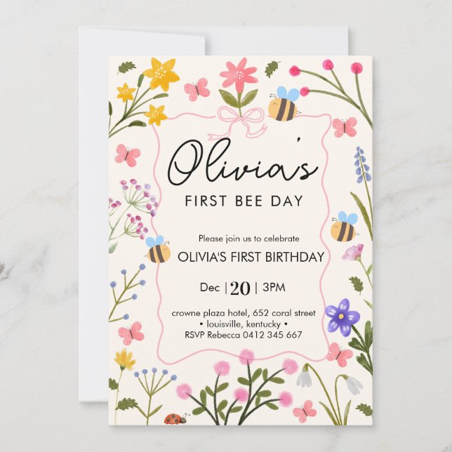 Cute Bee wildflowers First Birthday Invitation (Front)