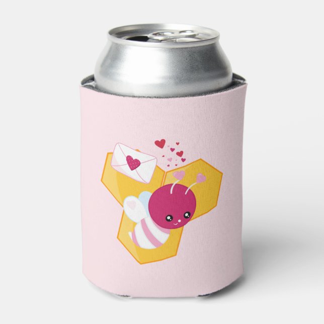 Cute Bee with Pink Valentine Hearts Can Cooler (Can Front)