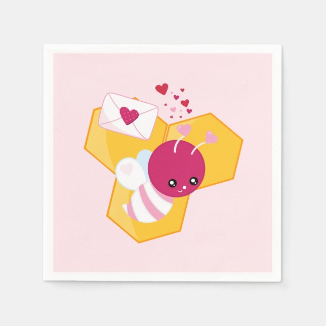 Cute Bee with Pink Valentine Hearts Napkin (Front)