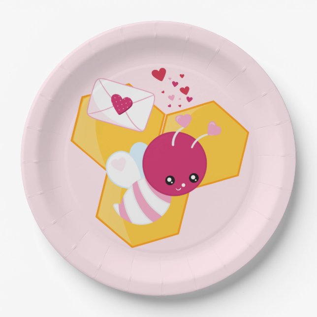 Cute Bee with Pink Valentine Hearts Paper Plate (Front)