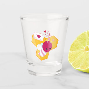 Cute Bee with Pink Valentine Hearts Shot Glass