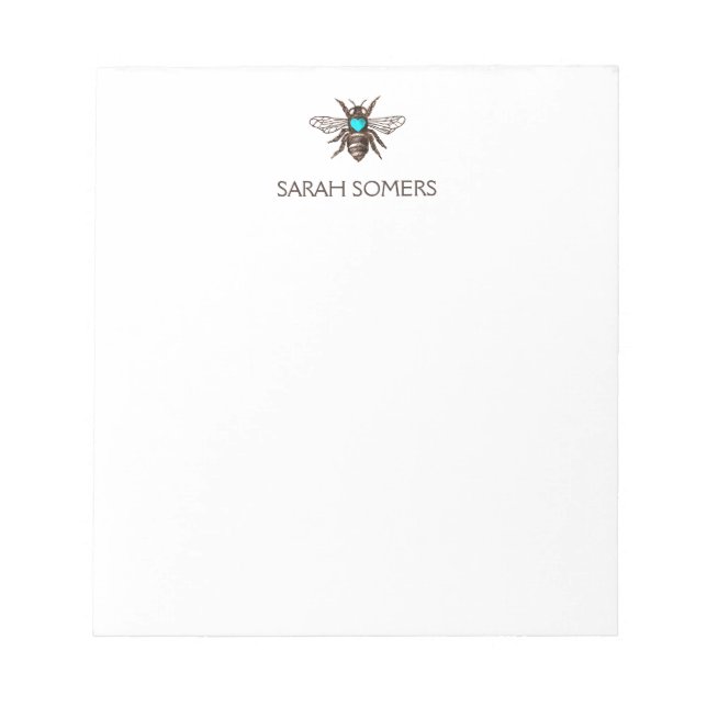 Cute Bee with Turquoise Heart Nature Personalised Notepad (Front)