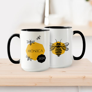 Cute Bee Yellow Honeycomb Name Year Mug for Friend