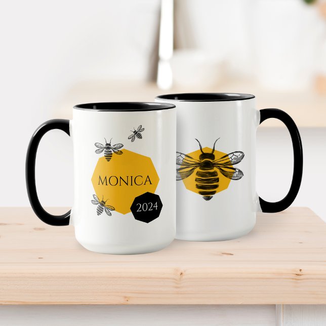 Cute Bee Yellow Honeycomb Name Year Mug for Friend (Cute Bee Yellow Honeycomb Name Year Mug for Friend)