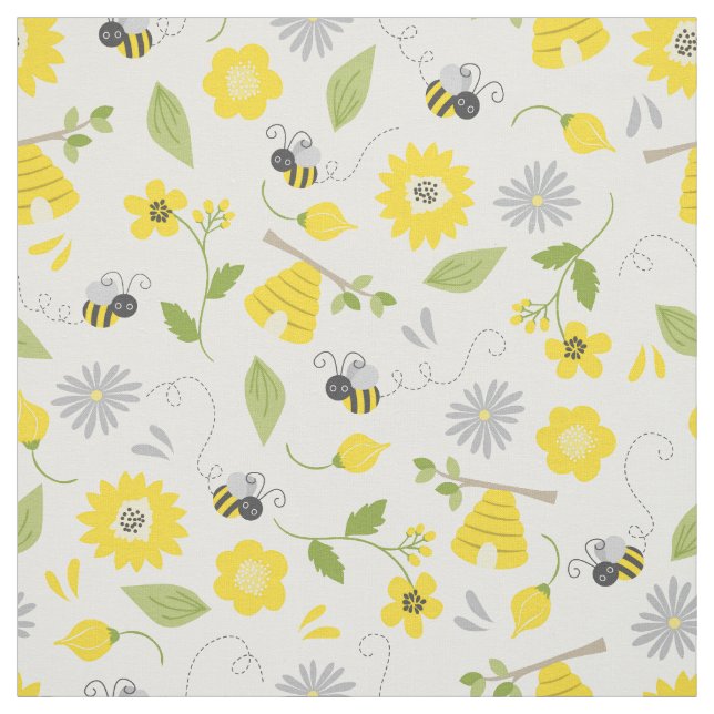 Cute Bees and Floral Pattern Fabric (Swatch)