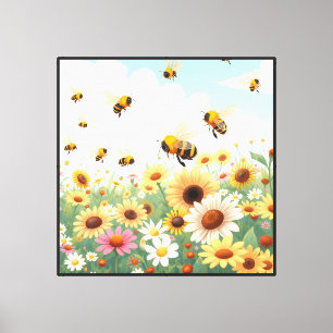 Cute bees and flowers illustration canvas print