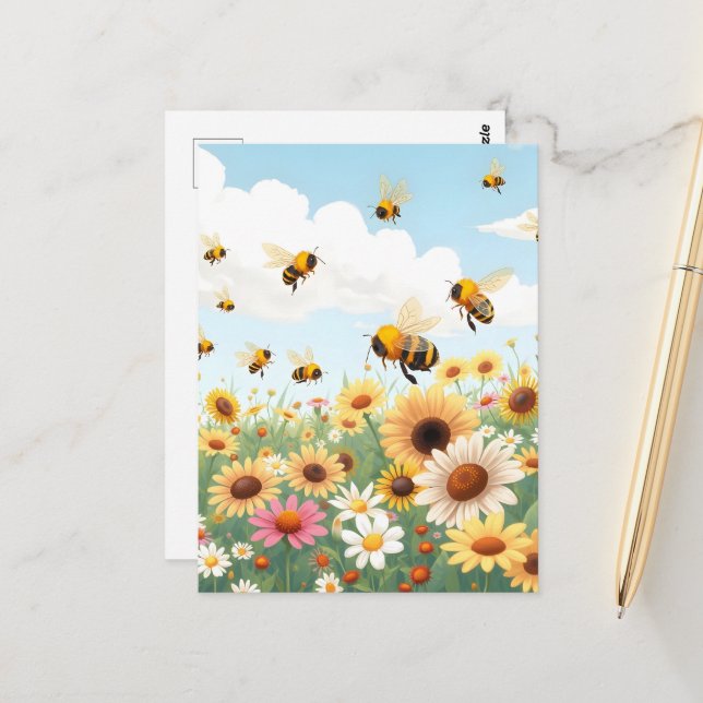 Cute bees and flowers illustration postcard (Front/Back In Situ)
