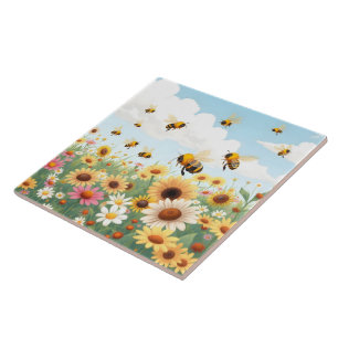 Cute bees and flowers illustration tile