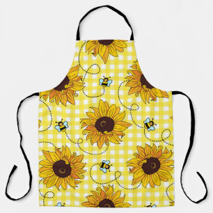 Cute bees and sunflowers on a checkered background apron