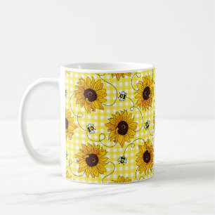 Cute bees and sunflowers on a chequered background coffee mug