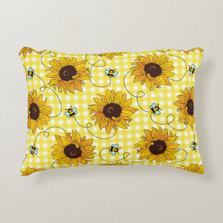Cute bees and sunflowers on a chequered background decorative cushion