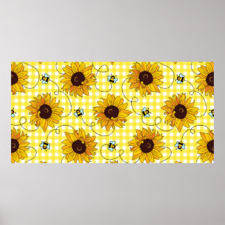 Cute bees and sunflowers on a chequered background poster