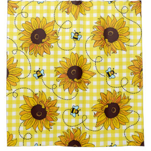 Cute bees and sunflowers on a chequered background shower curtain