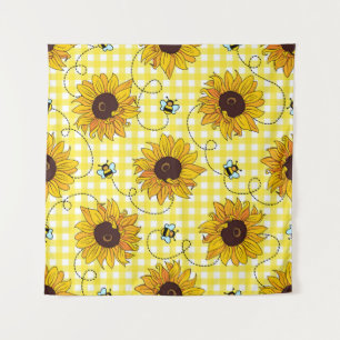 Cute bees and sunflowers on a chequered background tapestry