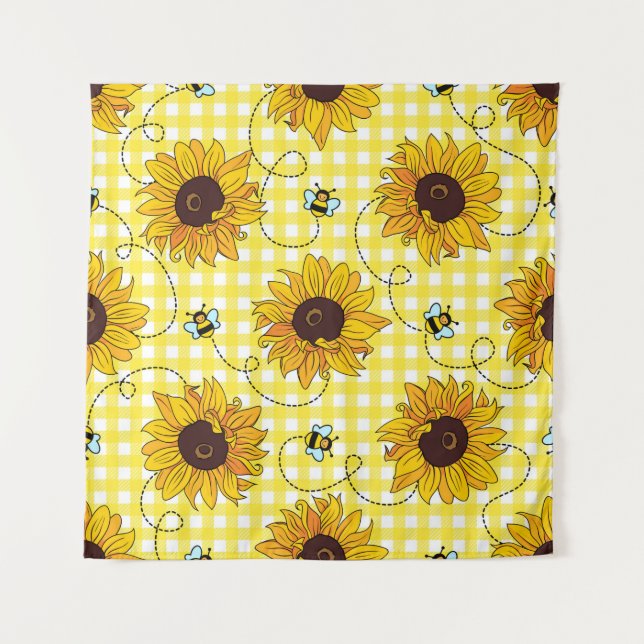 Cute bees and sunflowers on a chequered background tapestry (Front)