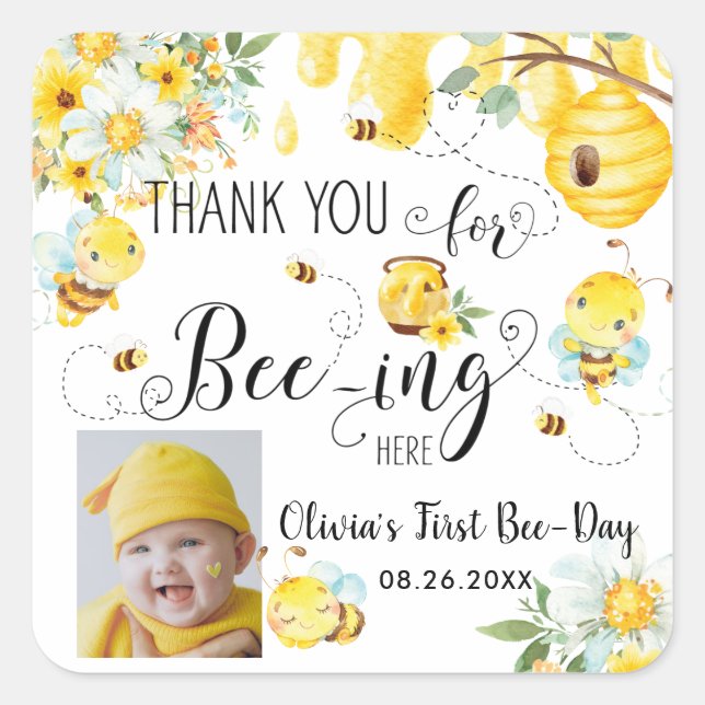 Cute Bees Bee Floral 1st Birthday Favour Photo Square Sticker (Front)