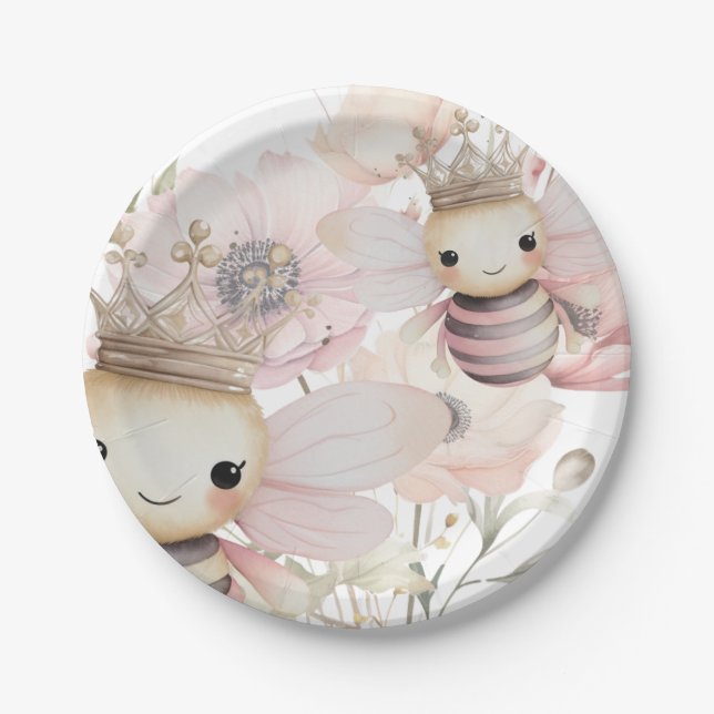 Cute Bees in Pastel Floral Background Paper Plate (Front)