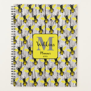 Cute Bees on Wooden Fence Personalised Monogram Planner